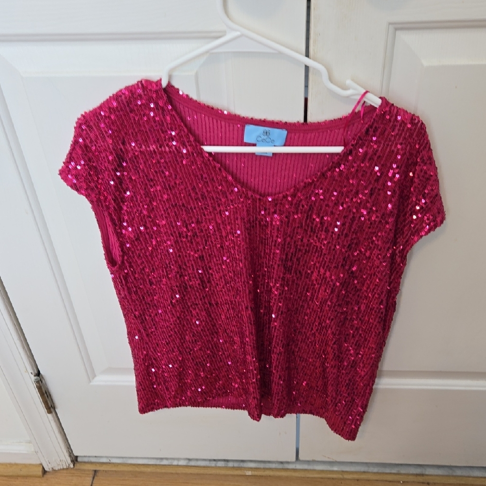 CeCe Bright Pink Sequin V-Neck Crop Top
